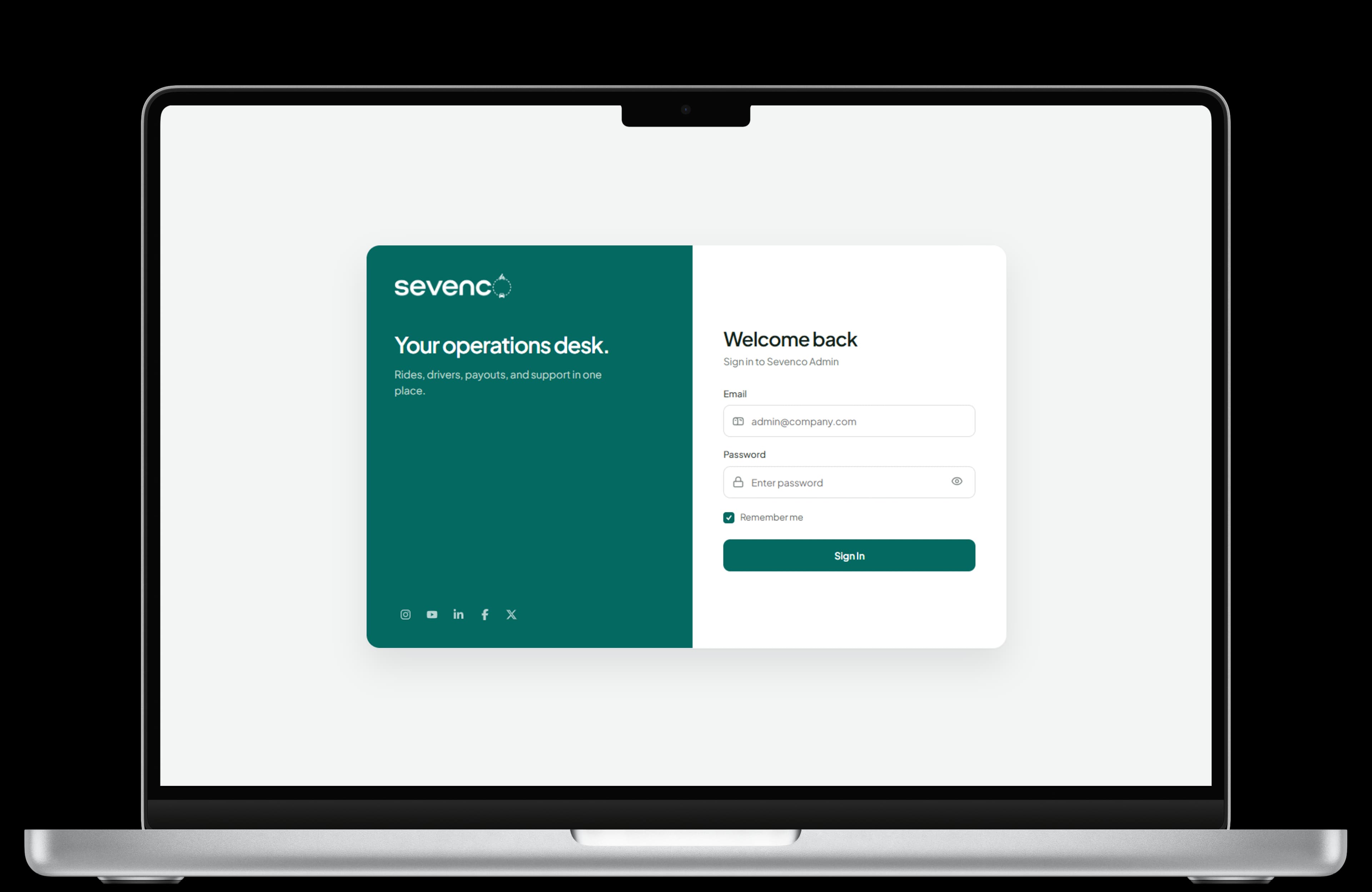 Sevenco admin sign-in: the operations desk.