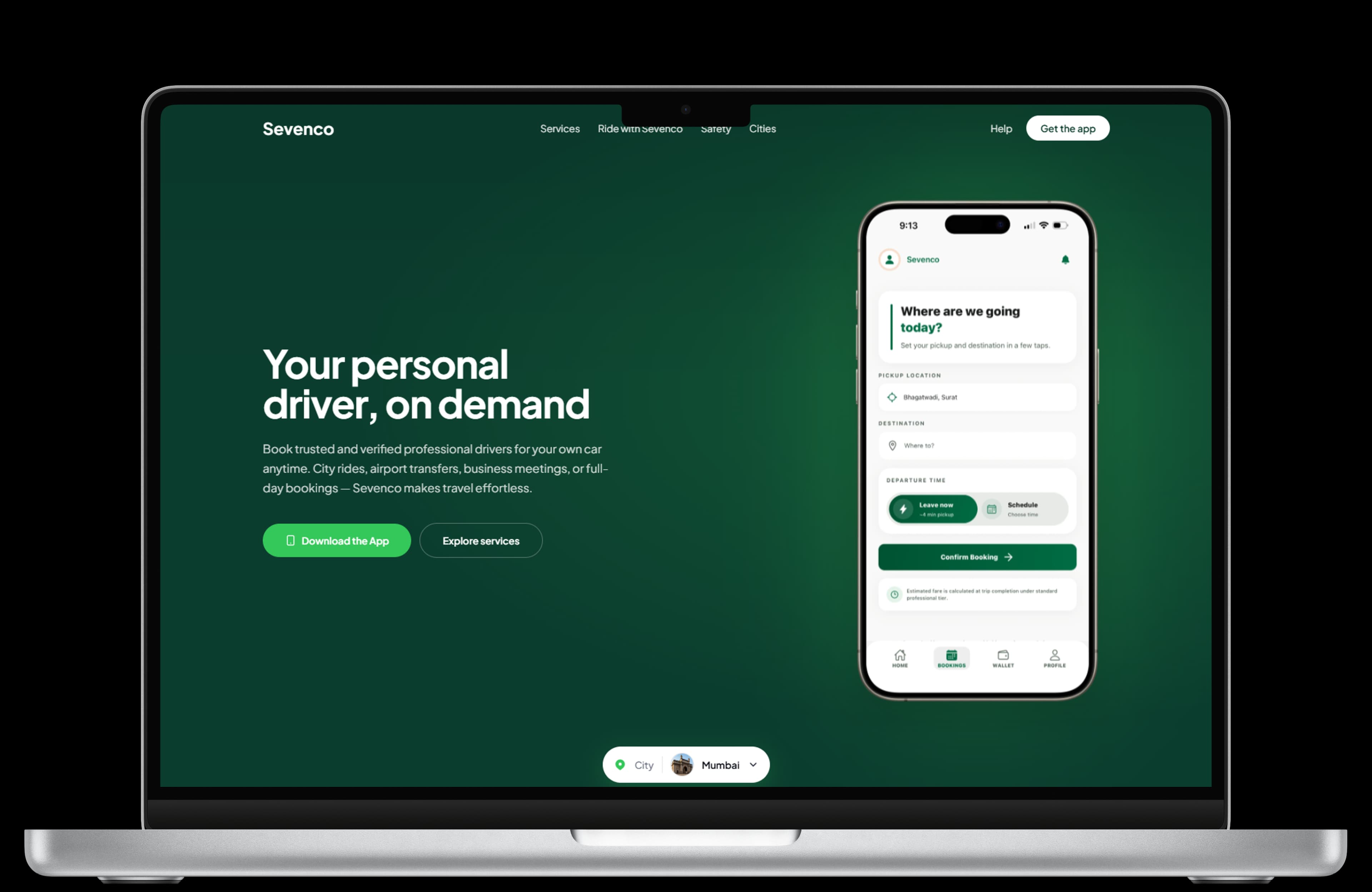 Sevenco landing page: personal driver on demand, with the Mumbai city chip.